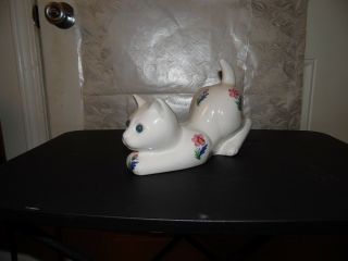 Ceramic Cat,  White With Blue Glass Eyes & Flowers.  Elpa Alcobaca,  Portugal