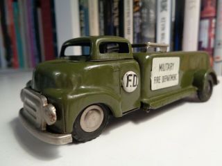 Vintage 5.  5 - Inch Tin Military Fire Truck Friction Motor Linemar Japan Late 1950s