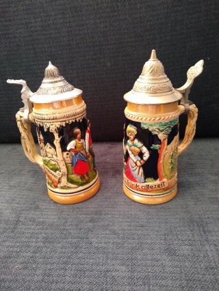 2 Vintage German Dbgm Ceramic Relief Dancers Beer Stein W Metal Lid