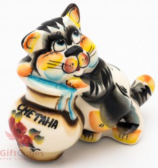 Cat W Jar Sour Cream Russian Collectible Gzhel Style Colorful Porcelain Figurine