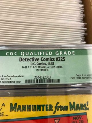 DETECTIVE COMICS 225 CGC 3.  5 Qualified Missing pages 7,  11 and 12 Manhunter 3