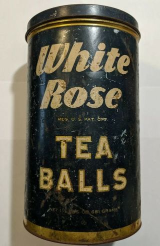 Vintage White Rose Tea Tin Orange Pekoe Tea Balls - 6 " Round X 10.  5 " Tall Antique