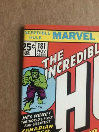 THE INCREDIBLE HULK 181 (1974) Wolverine 1st appearance,  Ungraded,  w/ MVS stamp 3