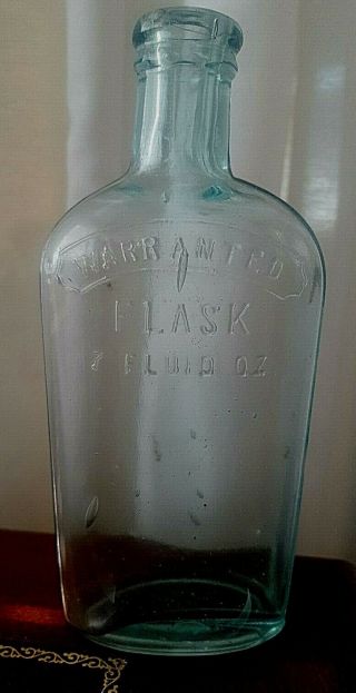 Warranted Flask 7 Fluid Oz.  Blue - Green Glass Bottle Circa 1880