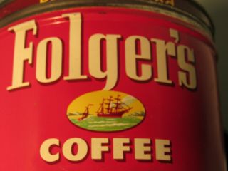 Vintage Folgers 1 lb Regular Grind Key Open Coffee Can With Sailing Ship Logo 2