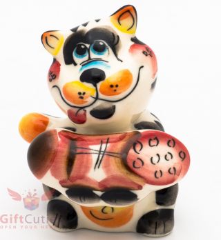 Cat W Sausage Salami Russian Collectible Gzhel Style Colorful Porcelain Figurine