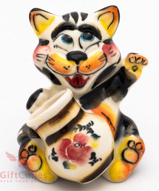 Cat W Jar Of Milk Russian Collectible Gzhel Style Colorful Porcelain Figurine