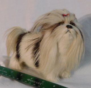 Soft 5.  5 " T Shih Tzu Toy Dog Figure Hairy Furry White & Black Patriotic Bow 7 " L