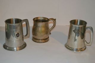 3 Vintage Pewter And Silver Plate Tankards