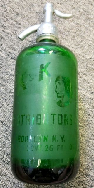 Vtg Seltzer Bottle Green K & K Distributors Brooklyn Ny Made In Czechoslovakia