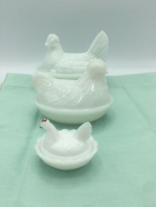 Set 3 Hens In Nest - Milk - Glass - Rooster - Chickens - Farmhouse -