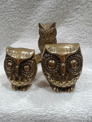 Set Of 3 Old Vintage Brass Owl Figurine Shadowbox Shelf Decor