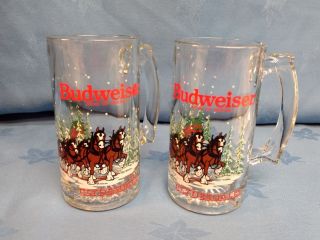 Budweiser Clydesdale Glass Beer Stein Mugs Set Of 2 Vintage 1980 