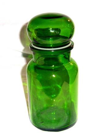 Vintage 8 3/4 " X 4 " Green Glass Bottle Made Belgium Apothecary Jar Bubble Top
