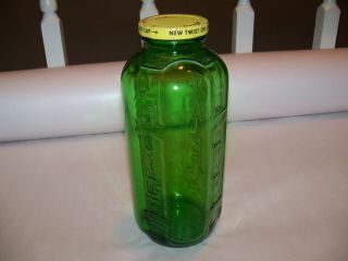 Vintage Emerald Green Glass Water Juice Bottle Refrigerator 40 Oz Yellow Lid