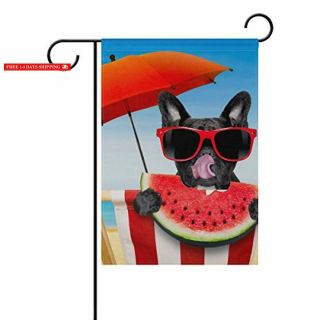 Vantaso Garden Flag Decorative French Bulldog Eat Watermelon Polyester Double Si