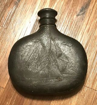 Antique Metal Flask Sail Boat Engraved Marked