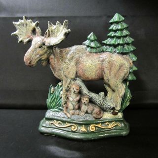 Painted Cast Iron Door Stop,  Moose With 2 Otters & Pine Trees