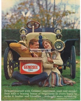1961 Genesee Beer Couple With Case Sitting In Front Of Antique Car Vtg Print Ad