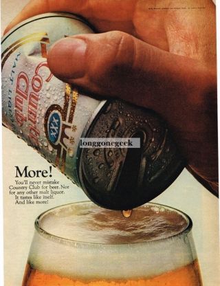 1967 Country Club Malt Liquor Beer Hand Crushing Can Vtg Print Ad
