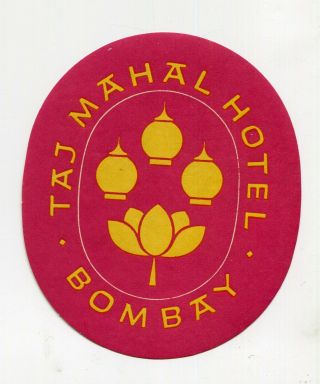Vintage Hotel Luggage Label Taj Mahal Hotel Bombay India Mumbai Red Yellow