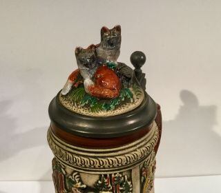 Vintage German Old Gerz Lidded Stein Pewter Fox Hand Painted Dogs Cherubs Hunt 3