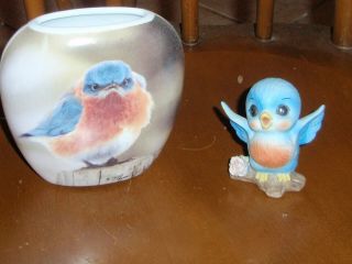 Josef Happy Bluebird Figurine And Mad Bluebird Vase 1979