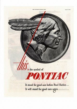 Vintage 1945 Pontiac Car Symbol Indian Head Dime Pearl Harbor Ad Print B451