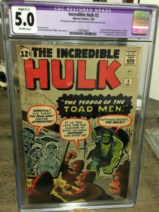 Incredible Hulk 2 1962 Cgc 5.  0 Ow Pages 1st Green Hulk Grail Book Case A,