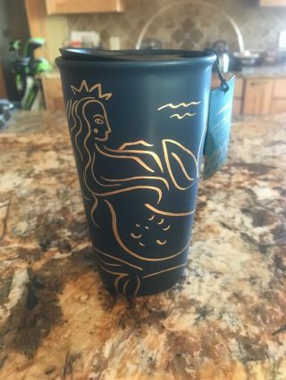 Starbucks Mermaid Tumbler Ceramic Mug 2017 12 Oz Navy Blue Gold