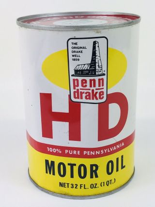 Penn Drake Hd 1 Quart Full Pennsylvania Motor Oil Can Gas & Oil Advertising 31