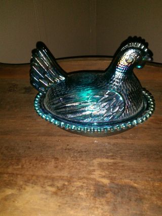 Vtg.  INDIANA Iridescent Blue Glass Hen on Nest Chicken Candy Dish/lid 2
