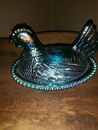 Vtg.  INDIANA Iridescent Blue Glass Hen on Nest Chicken Candy Dish/lid 4