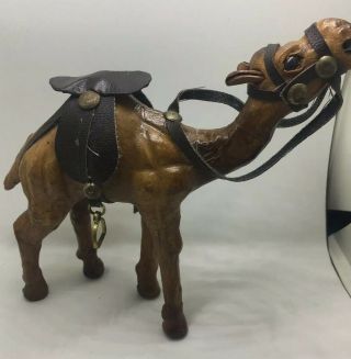 Camel Leather Statue Wrapped Figure Figurine Animal Art 6” X 7” X 3” Glass Eyes