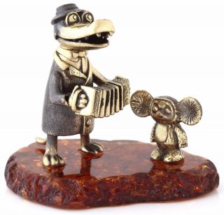 Crocodile Gena Cheburashka Brass Baltic Amber Figurine Cartoon Characters Russia