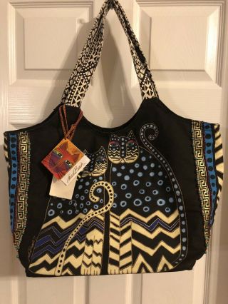 Laurel Burch Black And Blue Spotted Cats Scoop Tote - With Tags
