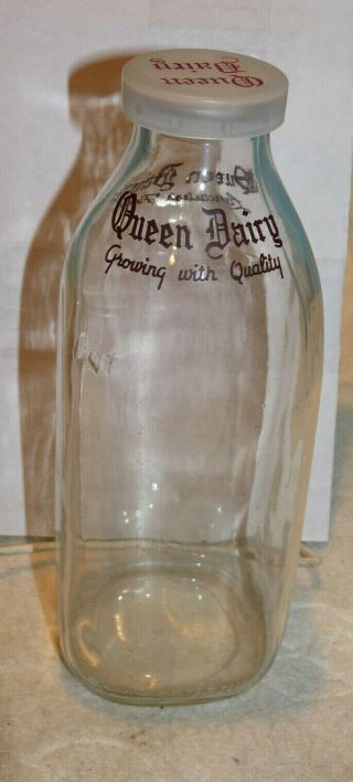 Vintage Queen Dairy 1 Quart Milk Bottle,  Lancaster Pa,  W/ Plastic Cap