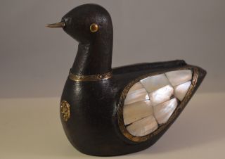Vintage Wooden,  Brass,  Mother Of Pearl Antique Duck Figurine