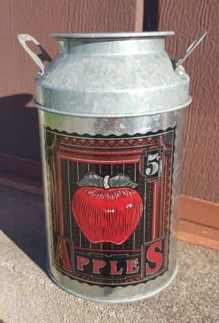 Tin,  Milk Can,  Apple,  Silver,  Red,  Vintage Look,  5 3/4 " Tall,  3 7/8 " D.