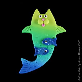 Lime Green Turquoise Blue Mermaid Kitty Cat & Fish Pin - Swris