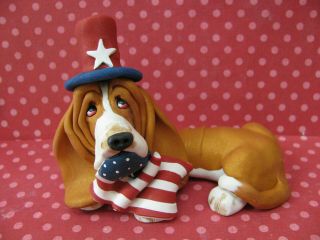 Handsculpted Red Basset Hound With American Flag Figurine