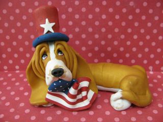 Handsculpted Gold Basset Hound With American Flag Figurine