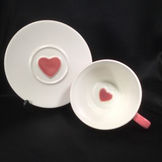 Starbucks 2005 Valentine Cup Saucer Mug Pink White Embossed Heart Coffee Tea