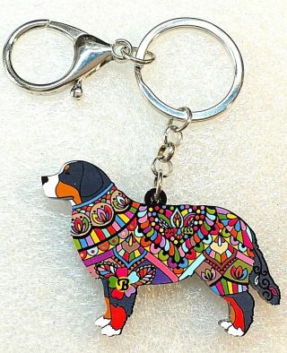Bernese Mountain Dog Berner Acrylic Key Ring Multicolor Floral Keychain Jewelry