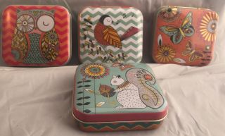 Post Rachel Ellen Folk Tale Owl Robin Squirrel Butterfly Tin Set Of Four