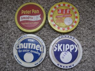 4 Vintage Peanut Butter Jar Lids Peter Pan Jif Skippy Jiffy Old Collectible