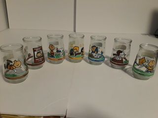 Complete Set Of 7 Welch’s Jelly Jars Peanuts Comic Classics Charlie Brown Glass
