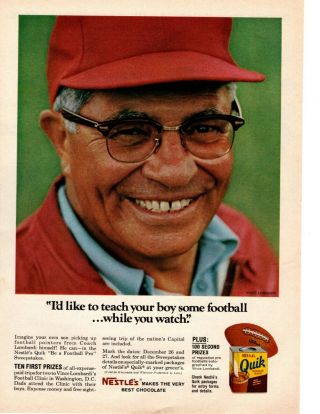 1969 Vince Lombardi Washington Redskins Nfl Nestles Quick Chocolate Print Ad