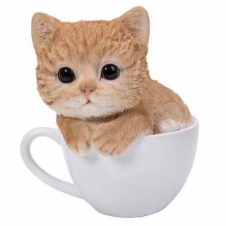 Teacup Kitten Figurine Statue Tabby Cat In Cup Mug Sculpture Brown Tan Cute