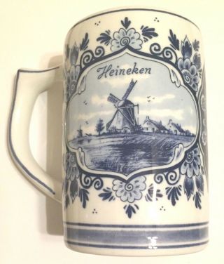 Heineken Delft Blue Beer Stein Mug with Beer Wagon & Windmill Made in Holland 2